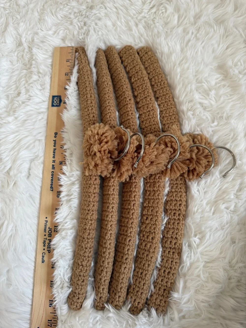 Set of 5 Camel Crochet Velvet-Covered Coat Hangers with Pom Trim